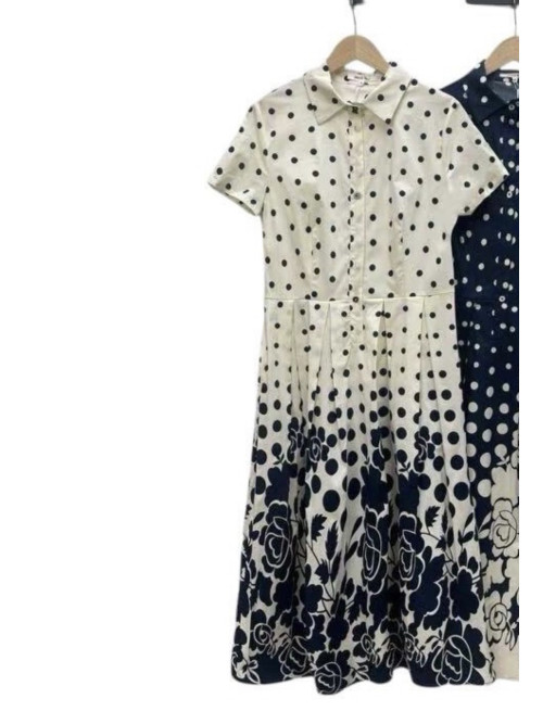 Robe chemisier rétro à pois jupe imprimée