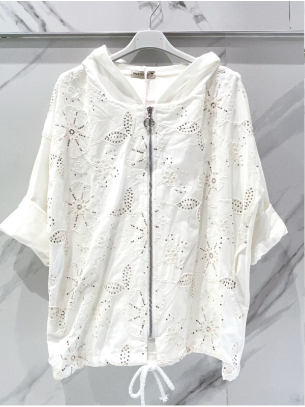 Veste à capuche zippée broderies et sequins devant