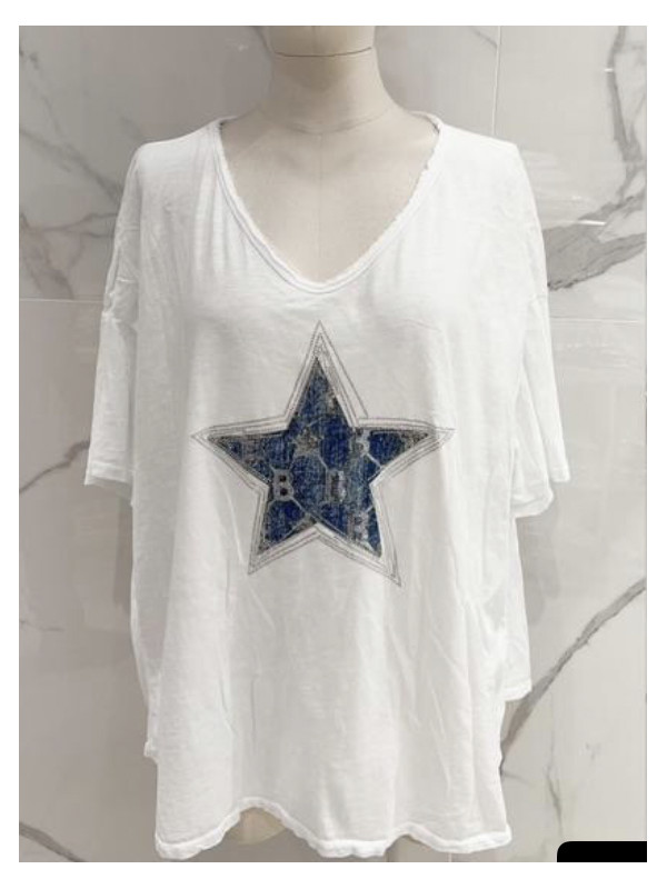T-shirt oversized étoile en jean et strass col V Mina Rosa