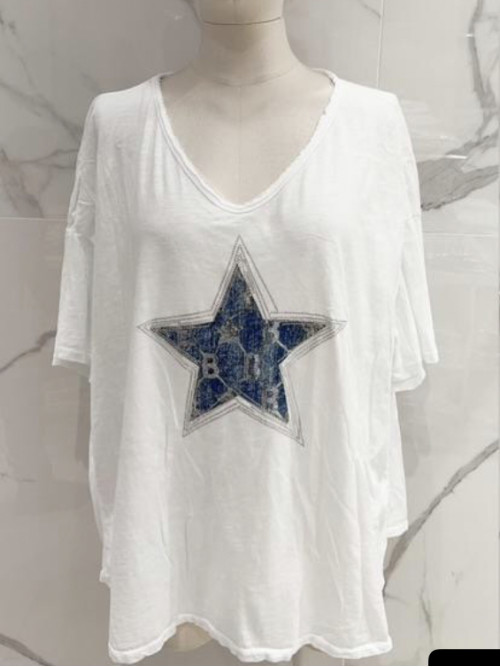 T-shirt oversized étoile en jean et strass col V Mina Rosa