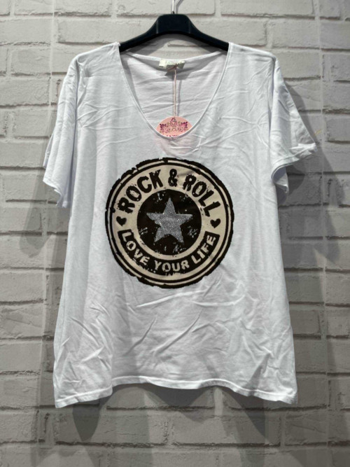 T-shirt col V manches courtes logo Rock avec étoile strass