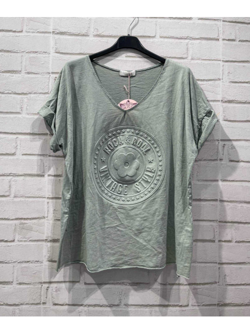 T-shirt col V motif cercle fleur Rock 3D Lacomy