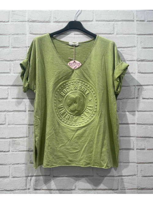 T-shirt col V motif cercle fleur Rock 3D Lacomy