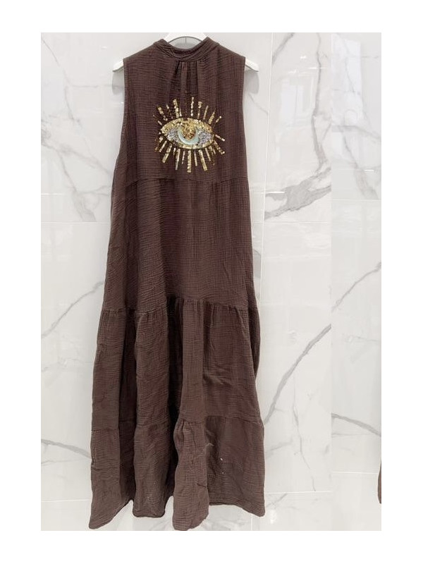 Robe longue en gaze de coton œil brodé et sequins au dos