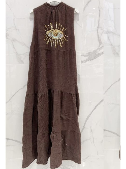 Robe longue en gaze de coton œil brodé et sequins au dos