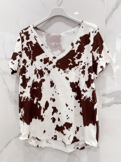 T-shirt col V manches courtes imprimé peau de vache