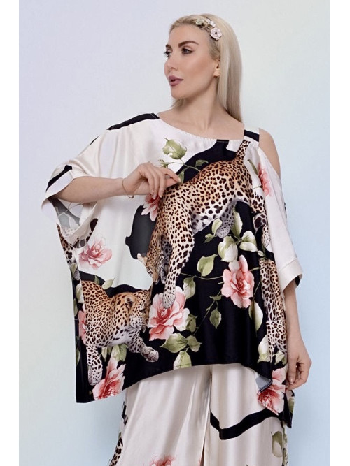 Top satiné imprimé léopard bretelle asymétrique