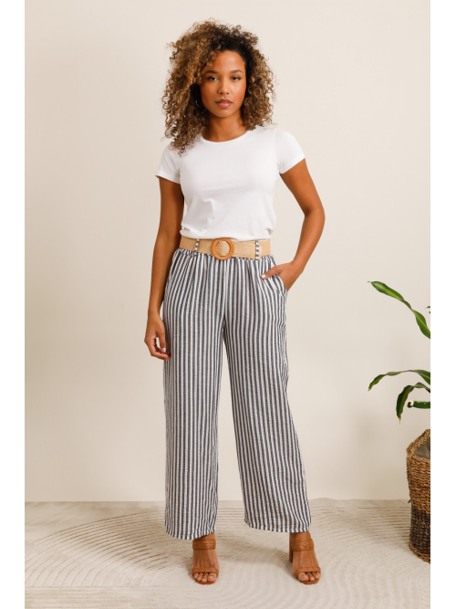 Pantalon large et fluide rayé avec ceinture en paille