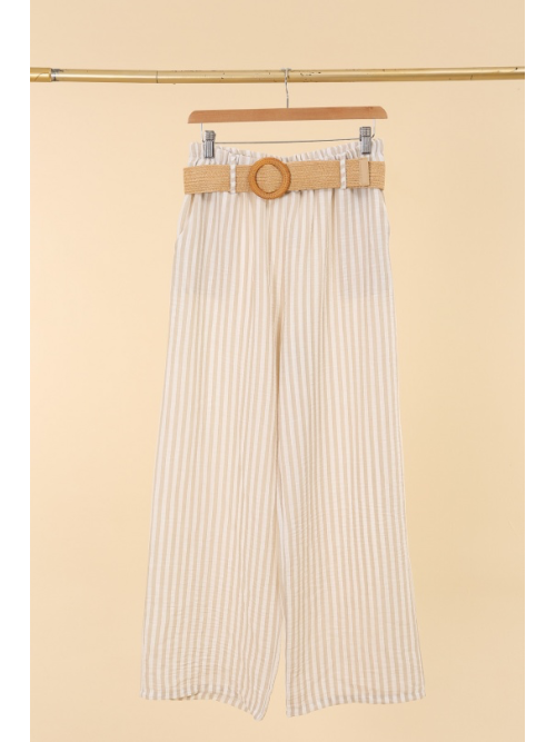 Pantalon large et fluide rayé avec ceinture en paille