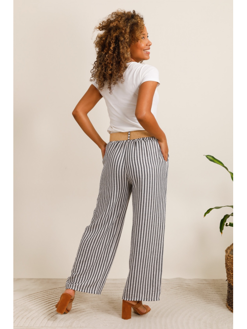 Pantalon large et fluide rayé avec ceinture en paille