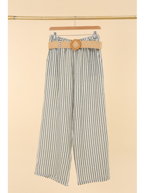 Pantalon large et fluide rayé avec ceinture en paille