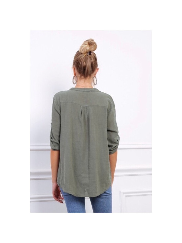 Chemise effet lin col officier manches longues