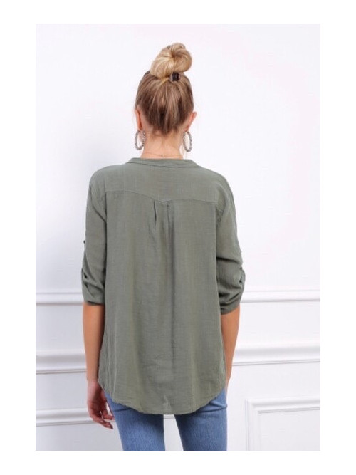 Chemise effet lin col officier manches longues