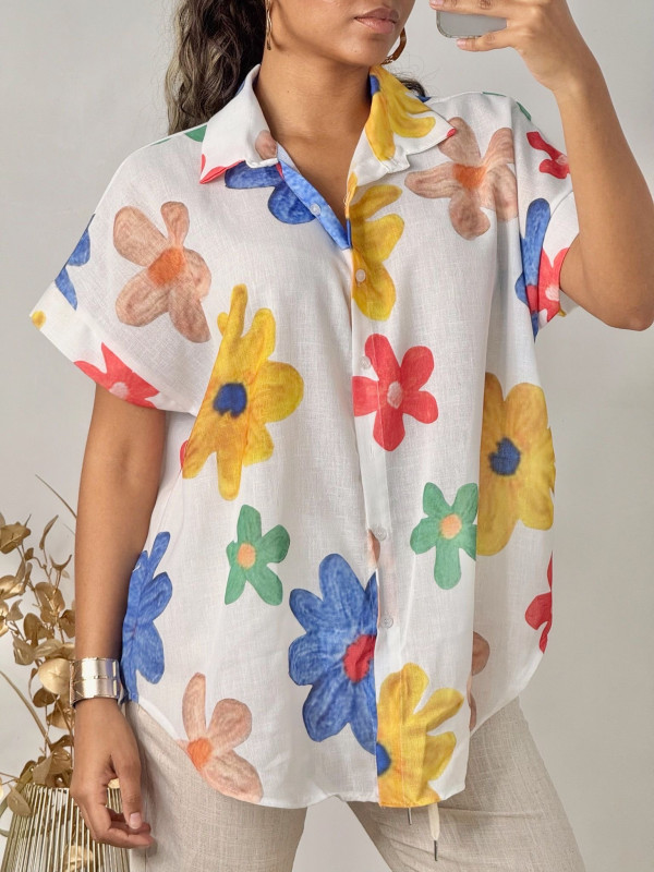 Chemise longue imprimé fleurs multicolores