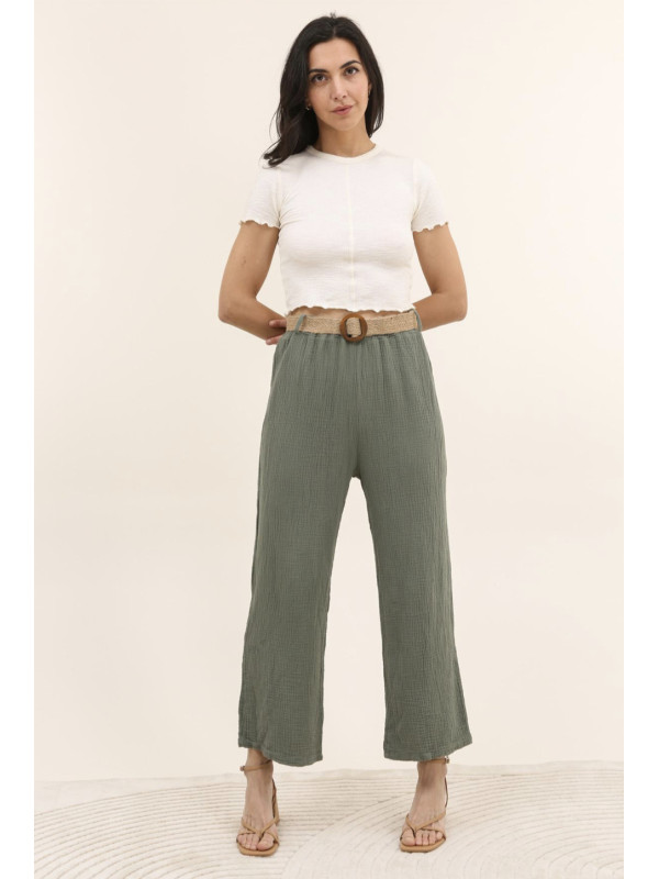 Pantalon large en gaze de coton ceinturée