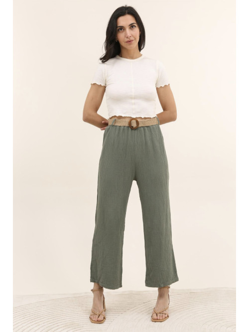 Pantalon large en gaze de coton ceinturée