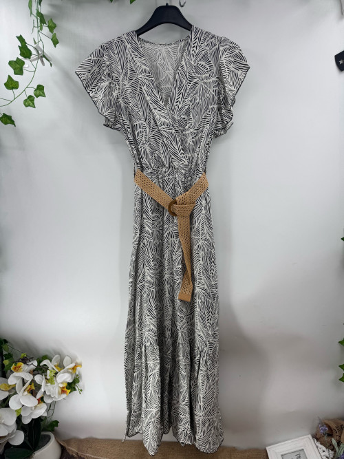 Robe longue imprimée ceinturée fluide décolleté cache-cœur