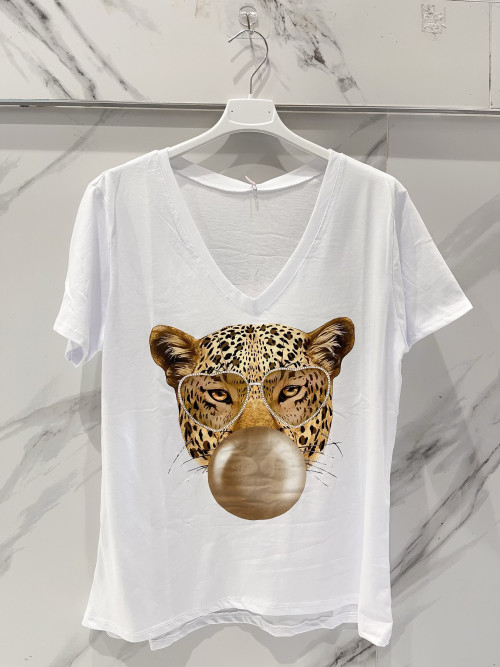 T-shirt imprimé tigre chewing-gum col V manches courtes