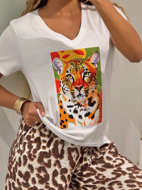 T-shirt imprimé tigre multicolore col V manches courtes