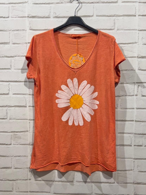T-shirt imprimé marguerite col V manches courtes Lacomy