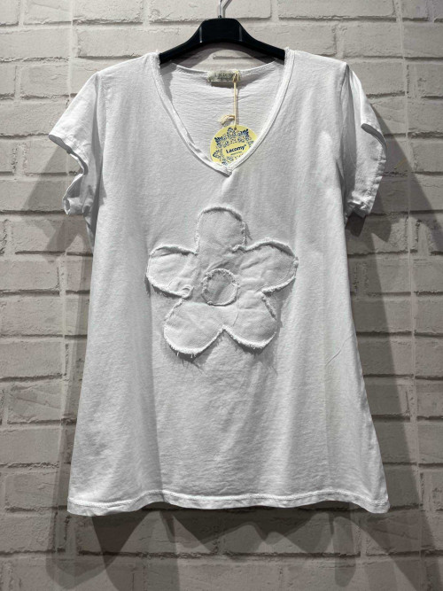 T-shirt fleurs 3D poitrine col V manches courtes Lacomy