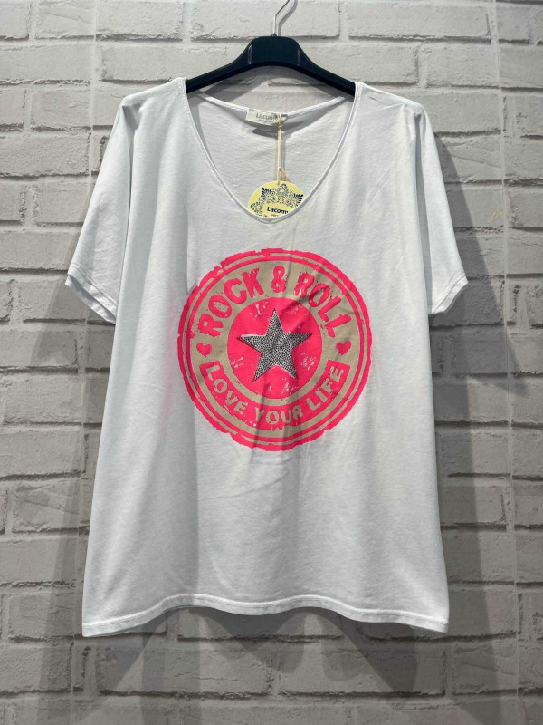 T-shirt col V manches courtes logo Rock avec étoile strass