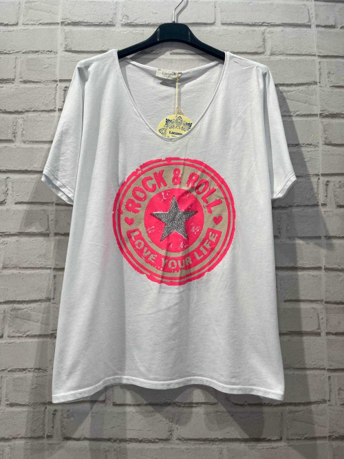 T-shirt col V manches courtes logo Rock avec étoile strass