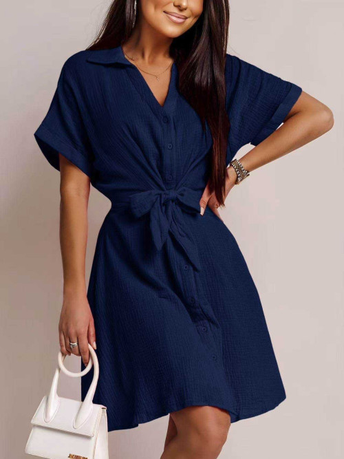 Robe courte en gaze de coton col chemise nouée taille