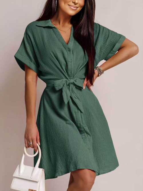 Robe courte en gaze de coton col chemise nouée taille