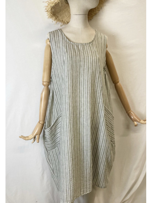 ROBE SANS MANCHE COL ROND RAYURES 2 POCHES DEVANT
