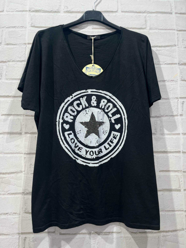 T-shirt couleur col V manches courtes Rock avec étoile strass