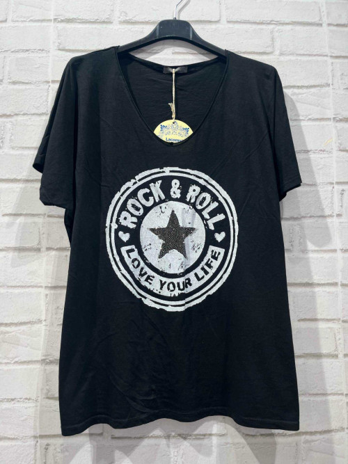 T-shirt couleur col V manches courtes Rock avec étoile strass