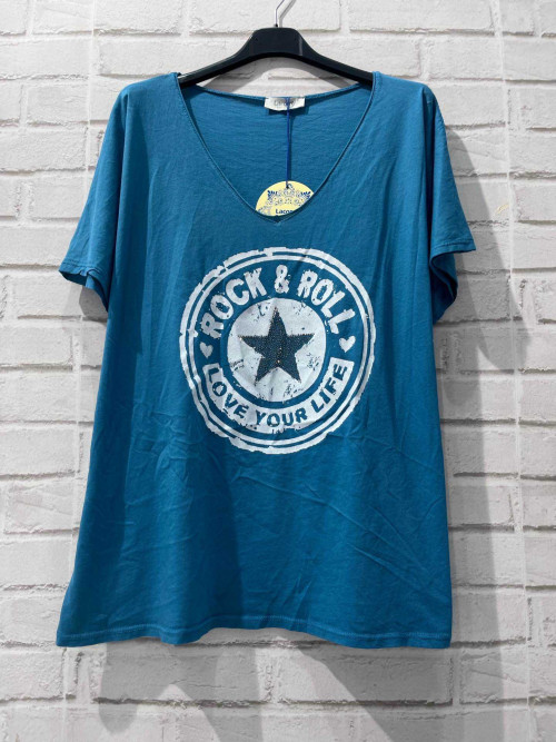 T-shirt couleur col V manches courtes Rock avec étoile strass