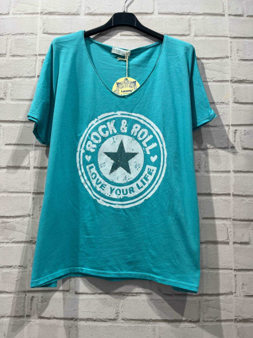 T-shirt couleur col V manches courtes Rock avec étoile strass