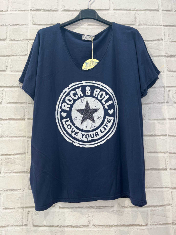T-shirt couleur col V manches courtes Rock avec étoile strass