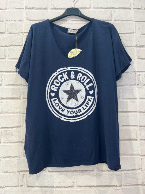 T-shirt couleur col V manches courtes Rock avec étoile strass