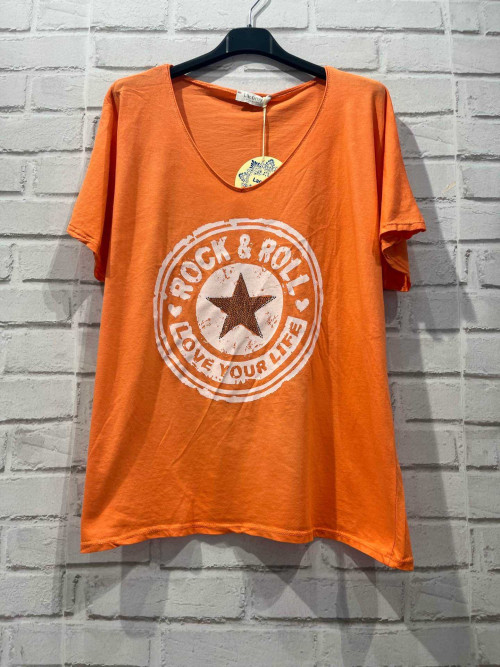 T-shirt couleur col V manches courtes Rock avec étoile strass