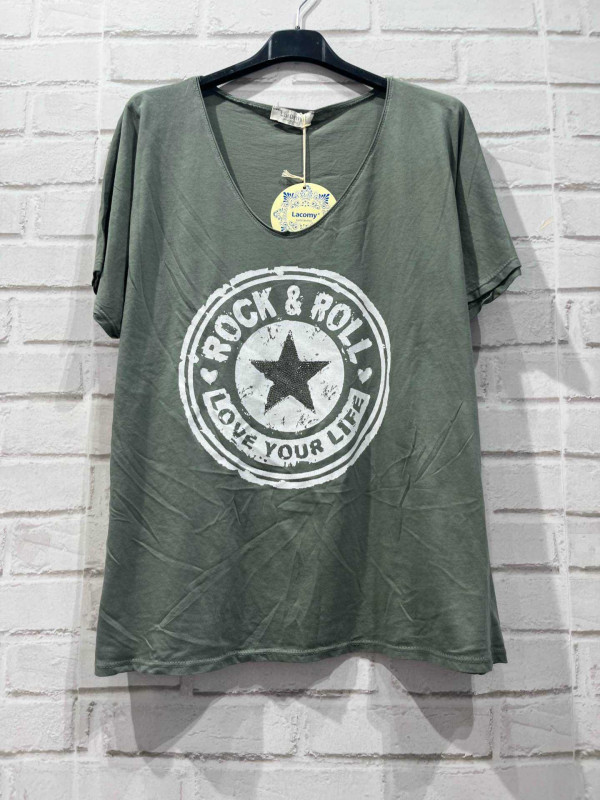 T-shirt couleur col V manches courtes Rock avec étoile strass