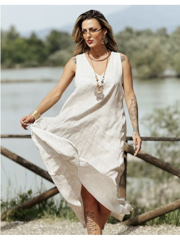 Robe longue fluide col v sans manches boheme