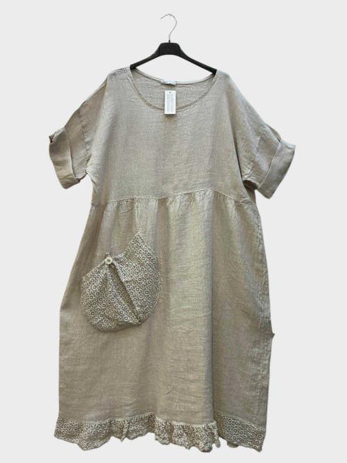 Robe longue col rond bas et poche dentelle manches courtes