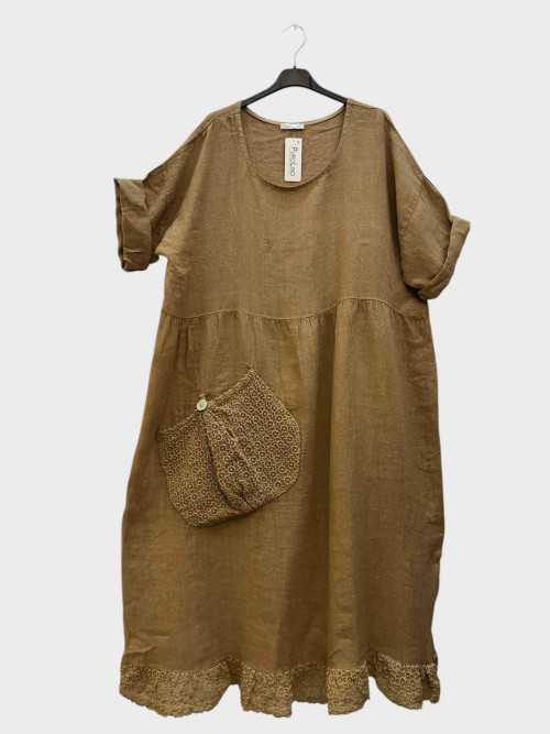 Robe longue col rond bas et poche dentelle manches courtes