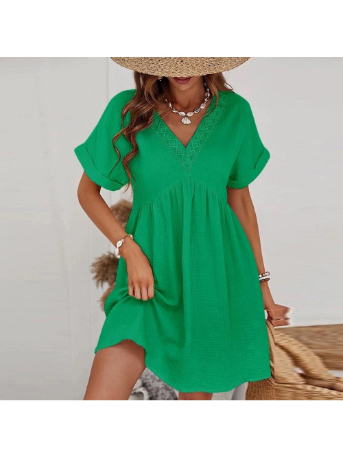 Robe courte en gaze de coton col V bord brodé