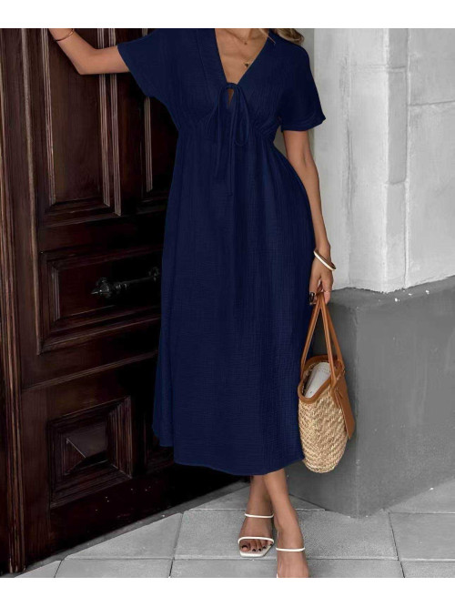 Robe longue manches courtes gaz coton resserrée poitrine