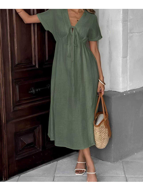 Robe longue manches courtes gaz coton resserrée poitrine