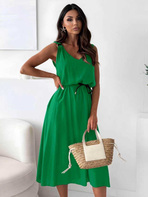 Robe longue fluide col V anneaux bois aux bretelles