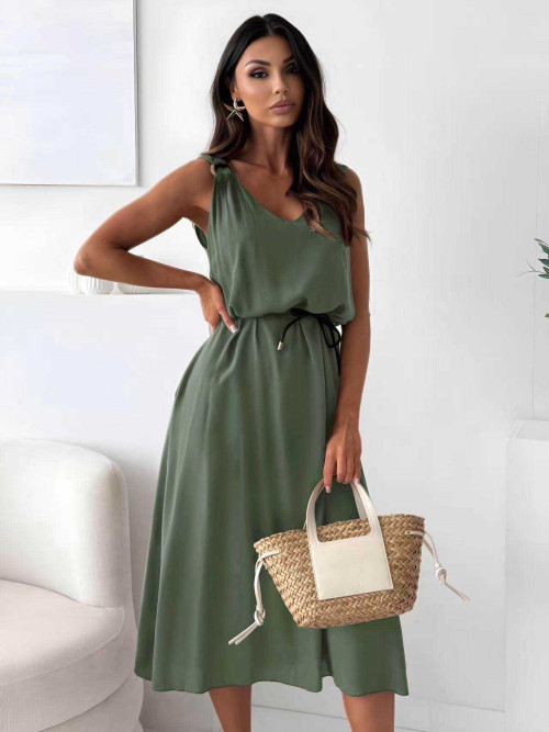 Robe longue fluide col V anneaux bois aux bretelles
