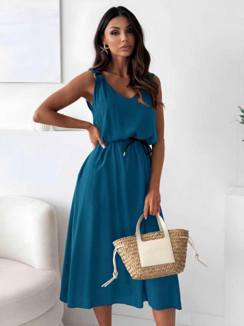 Robe longue fluide col V anneaux bois aux bretelles