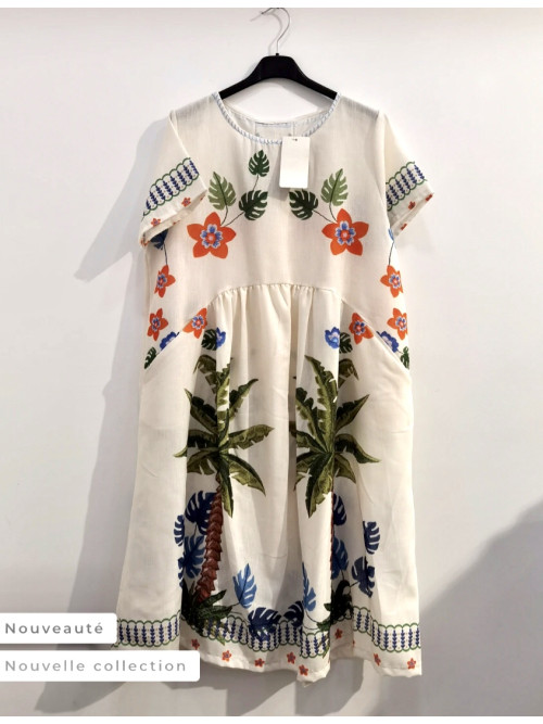 Robe midi col rond manches courtes motifs places