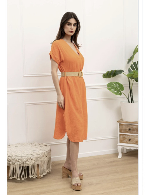 Robe midi en gaze de coton col V manches courtes ceinturée