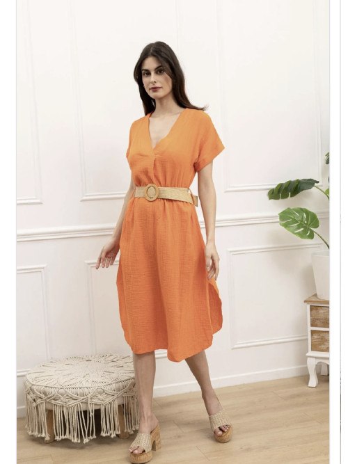 Robe midi en gaze de coton col V manches courtes ceinturée